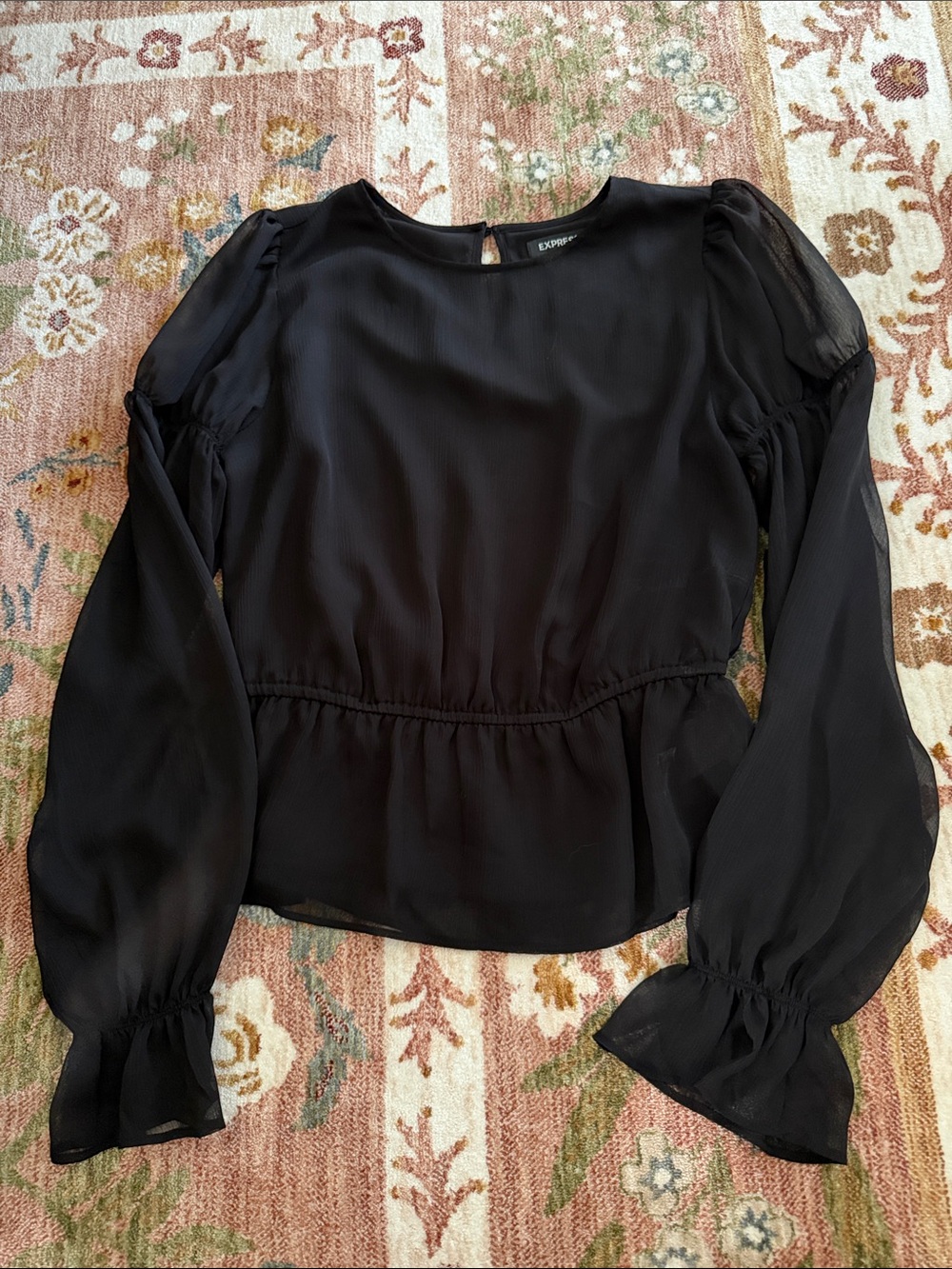Express Sheer Black Long-Sleeve Peplum Top